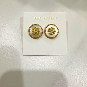 Tory Burch Gold and Cream Stud Earrings